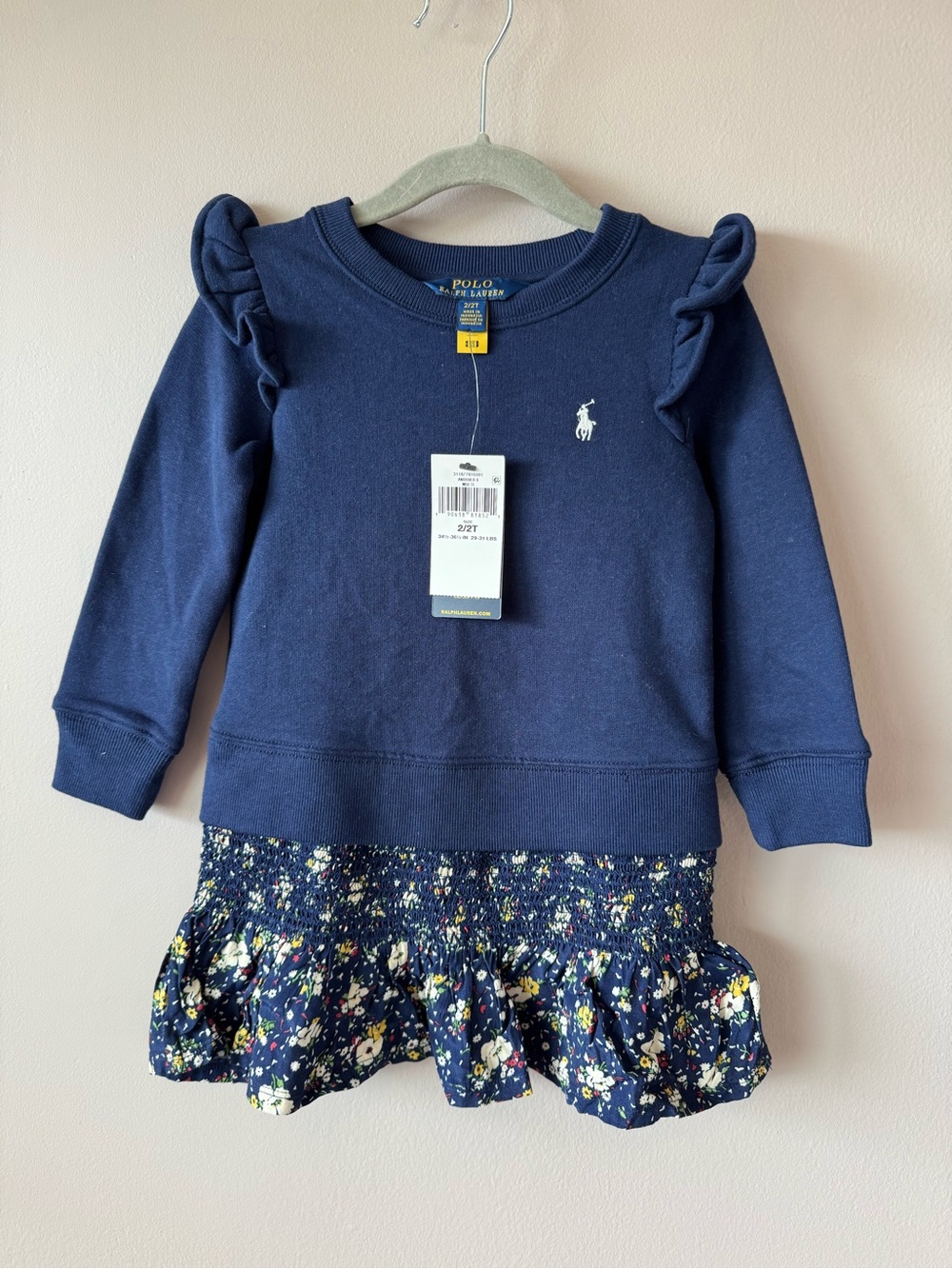 Polo Ralph Lauren NWT Girls Navy Ruffle Sweatshirt Floral Smocked Dress Size 2T